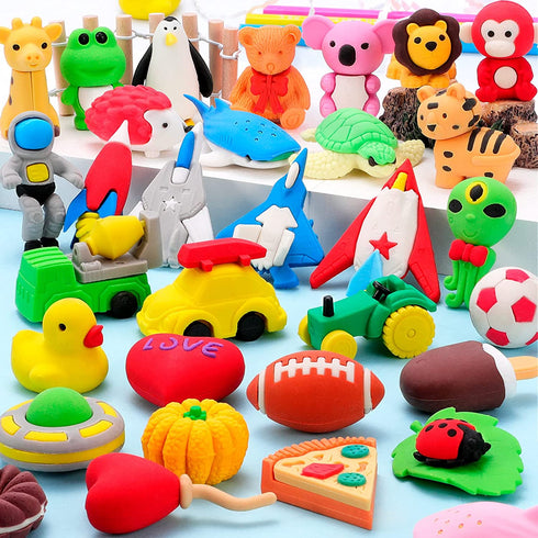 Hekaty 30 PCS Animal Erasers Kid Puzzle Erasers 3D Mini Eraser Toy Food Car Erasers Bulk Desk Pets Classroom Gift Supplies Back to School Supplies Classroom Prizes Treasure Box Party Favors for Kids