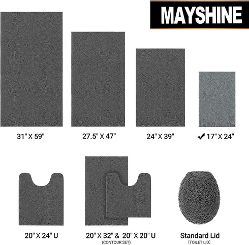 MAYSHINE Soft Plush Microfiber Bathroom Rug, Absorbent Machine Washable Chenille Bath Mat | Non-Slip Quick Dry Shag Carpet, Great for Bath, Shower, Bedroom, or Door Mat (Gray, 17x24)