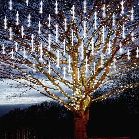 Christmas Lights Outdoor, Meteor Shower Lights Falling Rain Lights 12 inch 8 Tube 192 LED Cascading Icicle Christmas Lights for Xmas New Year Decoration Wedding Party, UL Plug, White
