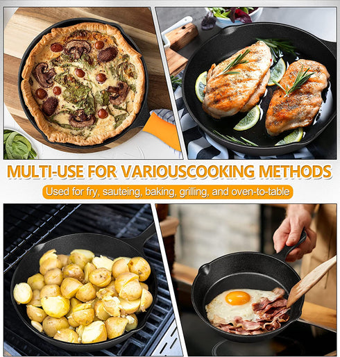 MICHELANGELO Cast Iron Skillet, 8 Inch Cast Iron Skillet With Lid, Preseasoned Small Skillet Oven Safe, Iron Skillets for Cooking with Silicone Handle & Scrapers - 8 Inch