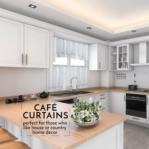 Caf© Curtains for Kitchen, Bathroom Curtains with Valance, Embroidered lace Border. (Steele Gray)