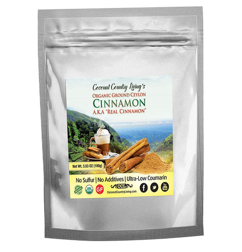 Coconut Country Living's organic Ground Ceylon Cinnamon 3.5 oz- True Raw Powdered Cinnamon Bark from Sri Lanka - Premium Grade Mild, Naturally Sweet Spice for Health & Food - Complimentary eBook