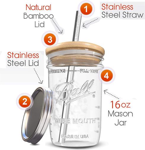 Reusable Boba Bubble Tea & Smoothie Cups - 2 Glass Wide Mouth 16oz Ball Mason Jars with Bamboo Lids - 2 Reusable Silver Stainless Steel Boba Straws Brand Capsule Classic