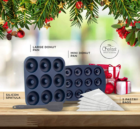 Chefast Silicone Donut Pans Combo Kit: Non-Stick Large and Mini Donut Pan Baking Molds, Spatula, and 5 Pastry Bags - for Full-Size and Small Donuts - Bagels and Doughnuts Maker Set