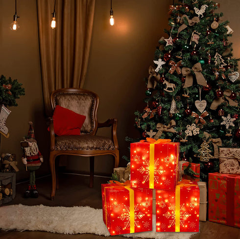 3Packs Christmas Decorations Lighted Gift Boxes - Xmas Tree Skirt Present Ornaments for Home Indoor Outdoor Party Decor with Bows (Assembly Needed,Batteries Not Included)