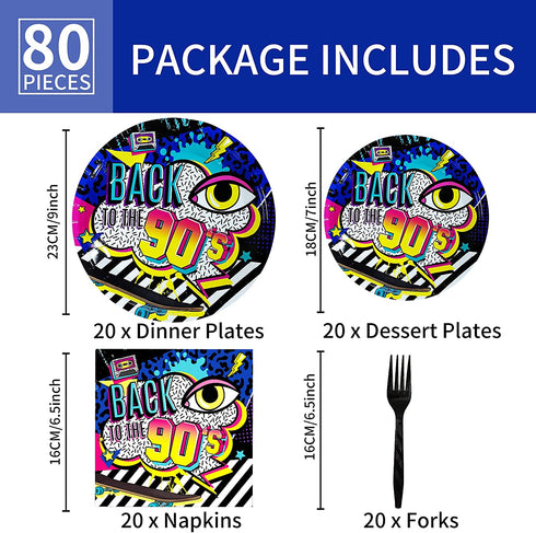 80 Pieces 90s Party Tableware Set 1990s Birthday Hip Hop Party Table Decorations Supplies Back to the 90s Paper Plates Napkins Forks for 20 Guests