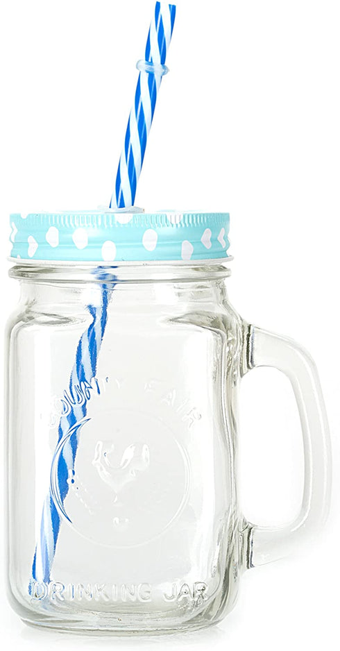Mason Jar Mugs with Handle, multi COLORED Lids and Plastic Straws. 16 Oz. Each. Old Fashion Drinking Glasses - pack of 4 by Premium Vials