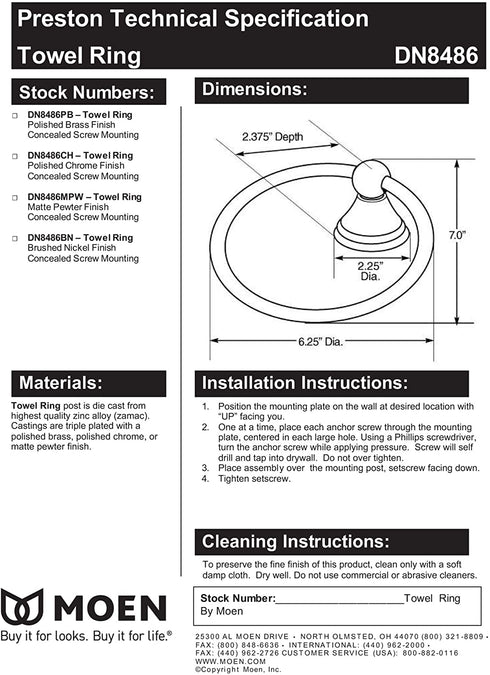 Moen DN8486CH Preston Collection Bathroom Hand Towel Ring, Polished Chrome