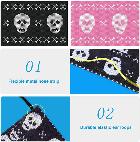 60PCS Disposable Protective Fashion Face Mask Skull Crossbones Knitted Sweater Pattern Couple Matching Print Stylish Gift 3-Ply Individually Packed Skin-Friendly Breathable Comfortable