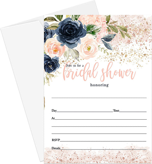 Blush Bridal Shower Invitations with Envelope Set of 25 Rustic Floral Wedding Invites Indigo and Pink Blank Printed Pack DIY (5x7 Size) Paper Clever Party