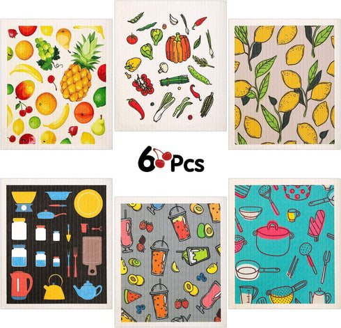 Swedish Kitchen Towels Reusable Fresh Fruit Pattern Sponge Cleaning Cloths Absorbent Dish Cloth Hand Towel for Kitchen Cleaning Wipe, 6 Styles (6 Pieces)