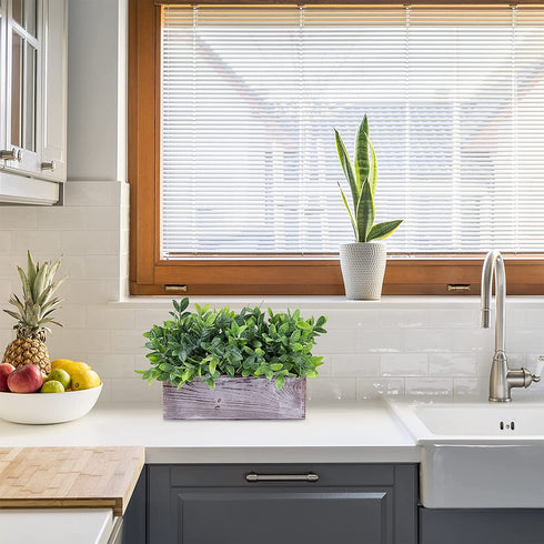 Artificial Grey Green Eucalyptus Plant in Rustic Rectangular Wooden Planter Box Faux Potted Herb Plant Greenery Arrangement for Farmhouse Indoor Wedding Table Centerpiece Mantel Shelf Kitchen Decor