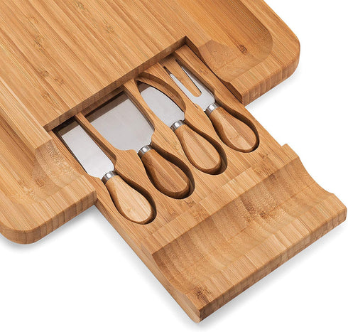 Bamboo Cheese Board - Charcuterie Platter & Serving Tray, 4 Stainless Steel Knife & Thick Wooden Server, and 4 Round Fruit trays. Fancy House Warming Gift for Wedding, Anniversary, or Engagement