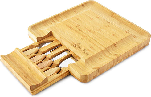 Bamboo Cheese Board - Charcuterie Platter & Serving Tray, 4 Stainless Steel Knife & Thick Wooden Server, and 4 Round Fruit trays. Fancy House Warming Gift for Wedding, Anniversary, or Engagement
