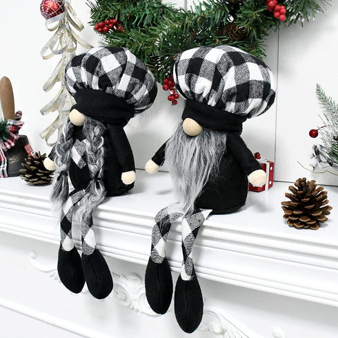 2 Pcs Buffalo Plaid Gnome Shelf Sitter,Farmhouse Gnome Plush Elf Decorations,Mr Gnome and Mrs Gnome Dolls, Handmade Elf Scandinavian Household Ornaments Kitchen Tiered Tray Décor