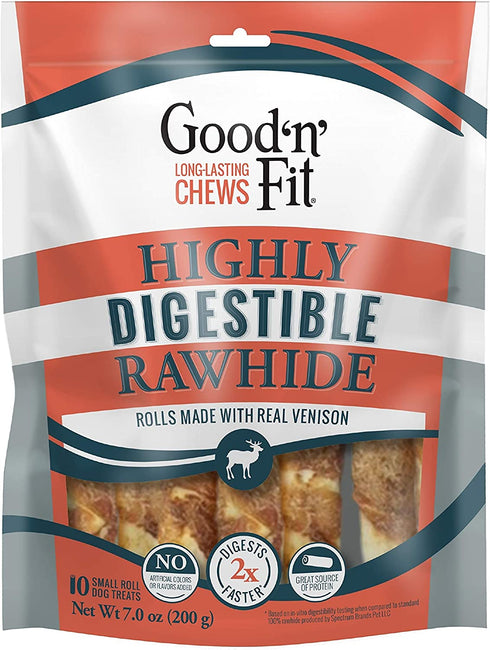 Good ’n’ Fit Small Rolls Made with Real Venison, 10 Count, Highly Digestible Rawhide for Dogs, Multicolor, Model Number: P-94431