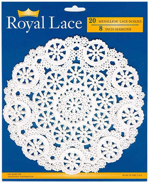Royal Consumer Medallion Lace Round Paper Doilies, 8-Inch, Pack of 20 (B23004), White