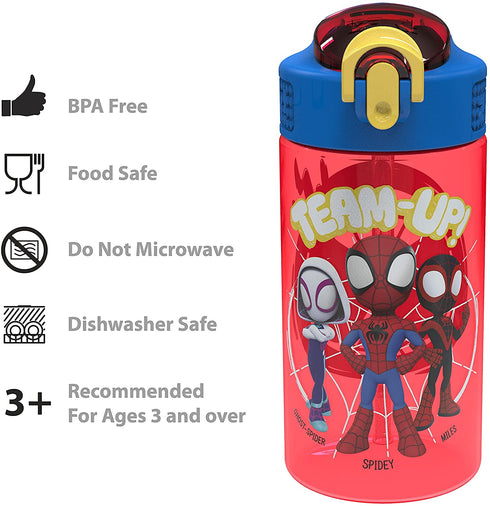 Zak Designs Marvel Spider-Man Kids Water Bottle with Spout Cover and Carrying Loop, Made of Durable Plastic, Leak-Proof Water Bottle Design for Travel (16 oz, 2-Pack, Spidey and His Amazing Friends)
