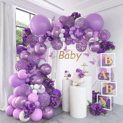 Pateeha Purple Balloon Garland Kit 145 Pcs Butterfly Baby Shower Decorations for Girl 12 Pcs Butterfly Stickers Balloons Arch White Metallic Purple Confetti for Birthday Wedding Party