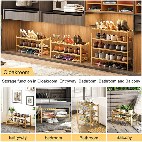 2-Tier Bamboo Shoe Rack for Entryway, Stackable | Heavy Duty | Multi-Function, Free Standing Shoe Racks for Bedroom Hallway Closet