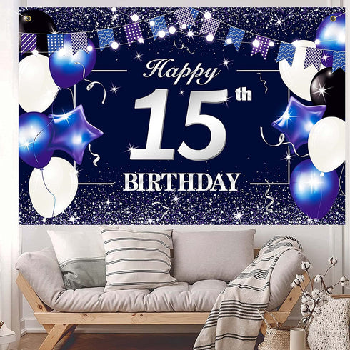 Happy 15th Birthday Banner Backdrop Sign Background 15 Birthday Party Decorations Supplies for Boys Teenagers 6 x 4ft Blue Purple