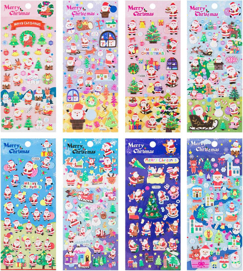 8 Sheet Christmas Stickers for Kids - 3D Self-Adhesive Holiday Stickers with Santa Snowman Xmas Tree Reindeer Hats Design for Gifts Wrapping Scrapbook DIY Crafts Decorations