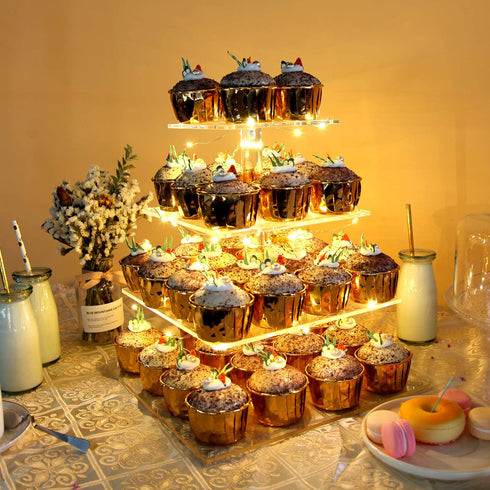 Vdomus Pastry Stand 4 Tier Acrylic Cupcake Display Stand with LED String Lights Dessert Tree Tower Pyramid for Birthday Wedding Party (Warm)
