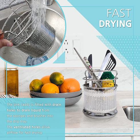 Sink Caddy Kitchen Utensil Holder - with Removable Drip Tray - Dish, Bottle Brush, Sinkware Organizer