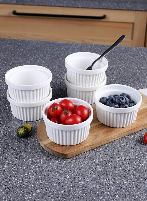 Sweese 501.001 Porcelain Souffle Dishes, Ramekins - 8 Ounce for Souffle, Creme Brulee and Ice Cream - Set of 6, White