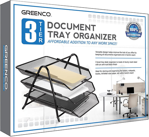 Greenco Paper Tray Mesh 3 Tier Document, Letter, Paper, Desk Organizer, Black