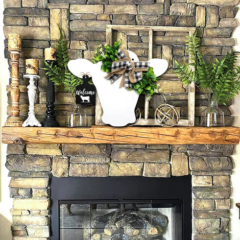 Welcome Farmhouse Cow Head Door Wreath Sign Rustic Wooden Calf Front Door Hanger Buffalo Plaid Burlap Bow And Artificial Leaves Home Restaurant Cafe Outdoor Indoor Decoration Gift Ideas 12"x 15"