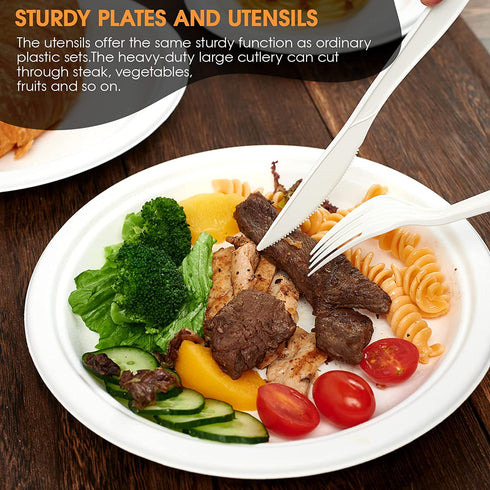 FOCUSLINE 150 Piece Compostable Plates Set Biodegradable Utensils, Heavy Duty Disposable Sugarcane Plates Eco Friendly CPLA Cutlery, Disposable Dinnerware Set for Party, Camping, Picnic