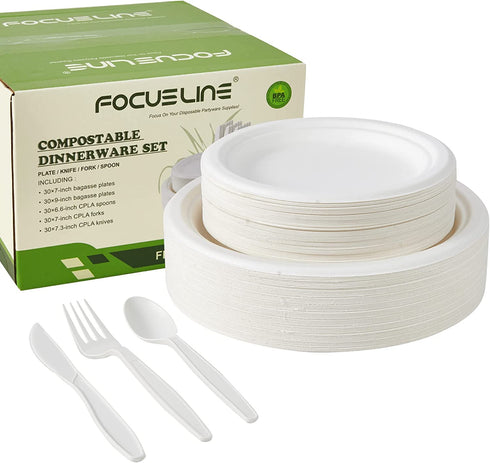 FOCUSLINE 150 Piece Compostable Plates Set Biodegradable Utensils, Heavy Duty Disposable Sugarcane Plates Eco Friendly CPLA Cutlery, Disposable Dinnerware Set for Party, Camping, Picnic