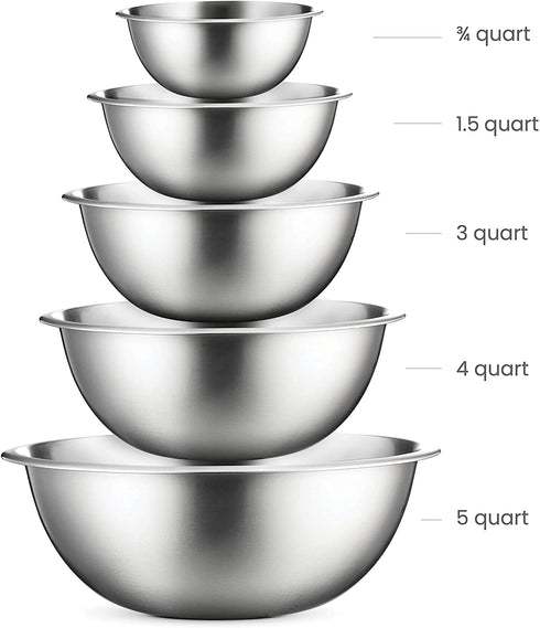 Stainless Steel Mixing Bowls (Set of 5) Stainless Steel Mixing Bowl Set - Easy To Clean, Nesting Bowls for Space Saving Storage, Great for Cooking, Baking, Prepping