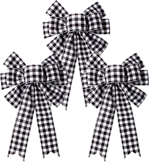 Iceyyyy Large Fall Thanksgiving Christmas Plaid Bow - 16.4x10 Inch Buffalo Plaid Check Swag Wreath Gift Bow Christmas Tree Topper Bow for Home Indoor Outdoor Ornaments (Black and White, 3)