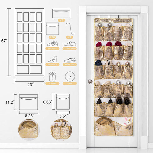 DAMAHOME Over The Door Shoe Organizer 22 Breathable Large Pockets Hanging Shoes Rack Closet Storage Holder with 4 Metal Hooks for Men Women Kids Nursery Organizer, Gold Modern Pattern, 67?x23?