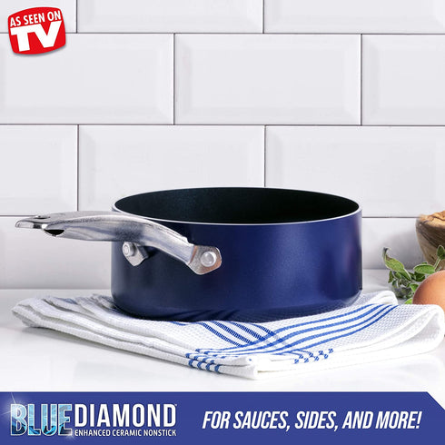 Blue Diamond Cookware Diamond Infused Ceramic Nonstick, 2QT Saucepan Pot with Lid, PFAS-Free, Dishwasher Safe, Oven Safe, Blue