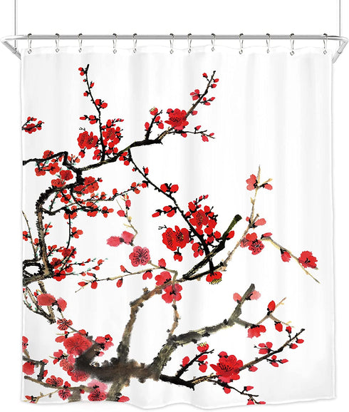Homewelle Plum Shower Curtain Blossom Aesthetic Watercolor Floral 60Wx72L Inch Red Cherry Cute Traditional Weeping Flower Japanese Branch Ink Scenery Asian Waterproof Polyester Fabric Bathroom Bathtub