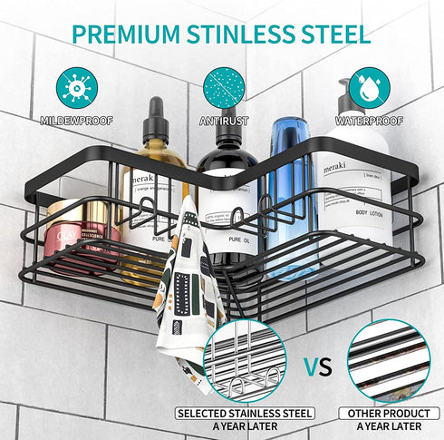 Yazoni Black Corner Shower Caddy, Adhesive Shower Organizer Corner, Bathroom Corner Shower Shelves Shampoo Holder with Hooks, Rust-proof Stainless Steel