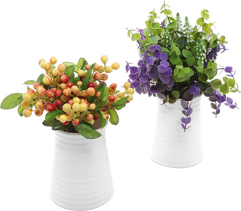MyGift 5-Inch Modern White Ceramic Decorative Vase, Ribbed Design Tabletop Centerpiece Vase Decoration, Set of 2