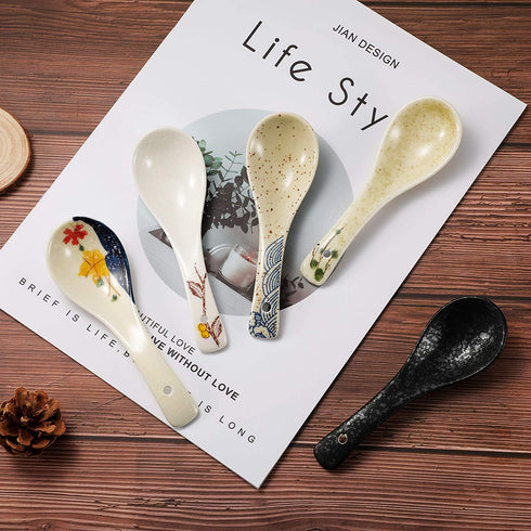 Newtay 6 Pieces Japanese Retro Soup Spoons Ceramics Soup Spoons Japanese Style Rice Spoon Flatware Asian Chinese Serving Spoons Appetizers Tableware Meal Partner for Tasting