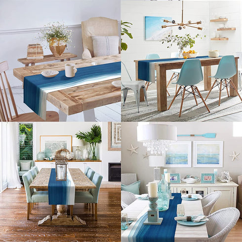 Vandarllin Blue White Table Runner, Non-Slip Dining Table Runners for Kitchen, Ombre Ocean Wave Coffee Table Runners Dresser Scarf for Living Room Garden Wedding Parties (13x90 inches Long)