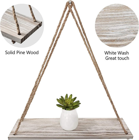 EMAISON Hanging Distressed Wood Floating Shelves with Swing Rope, Farmhouse Organizer Rustic Home Décor, Set of 2 (Set of 2, White Wash)