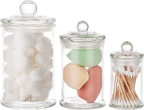 KMwares 3PCs Set Small Mini Clear Glass Premium Quality Apothecary Jars/Bathroom Storage with Lids/Vanity Organizer Canisters for Cotton Balls/Swabs, Makeup Sponges, Bath Salts, Q-Tips (Clear)