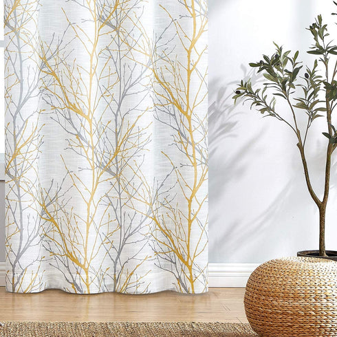 FMFUNCTEX Yellow White Blackout Curtain Panel for Bedroom Modern Tree Branch Print Curtain for Living Room Extra Long 108" Hotel Window Drapes 1pc Grommet Top