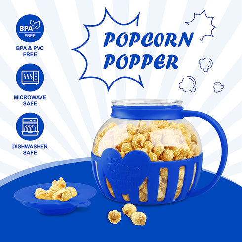 Tahoe Trail Christmas Gifts Borosilicate Glass Microwave Popcorn Popper Maker with Lid, BPA Free Hot Air Microwave Popcorn Maker Bowl, Use In Microwave or Oven, Dishwasher Safe, 3 Quart Family Size (Blue)
