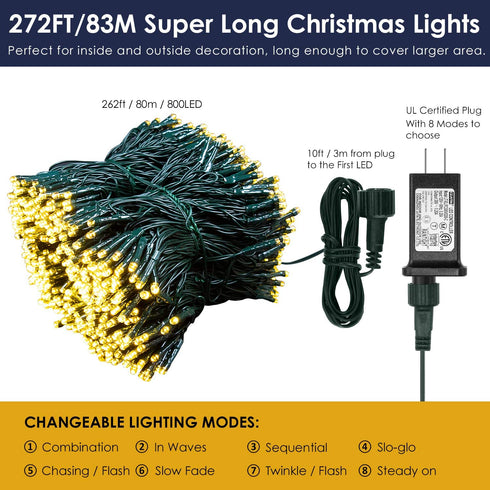 XUNXMAS 800 LED Christmas String Lights Indoor Outdoor 272ft Super Long Warm White Christmas Tree Lights, 8 Lighting Modes UL Certified Waterproof Fairy Lights for Christmas Patio Party Decor