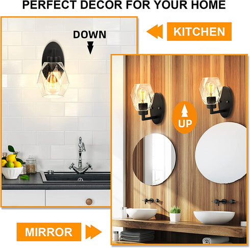 Bathroom Vanity Light Fixtures, Matte Black Industrial Farmhouse Wall Sconce with Seeded Glass Shade, Vintage Edison Wall Lamp Lighting for Living Room, Bedroom, Hallway, Stairs, Kitchen (No Bulb)