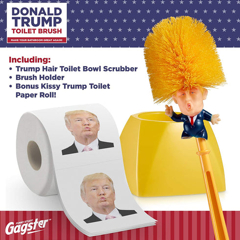 Donald Trump Toilet Brush and Trump Toilet Paper Roll Bundle - Funny Political Gag Gift Toilet Bowl Cleaner Scrubber with 3-Ply Bathroom Tissue Paper - Hilarious Trump Hair Unique Gift Idea