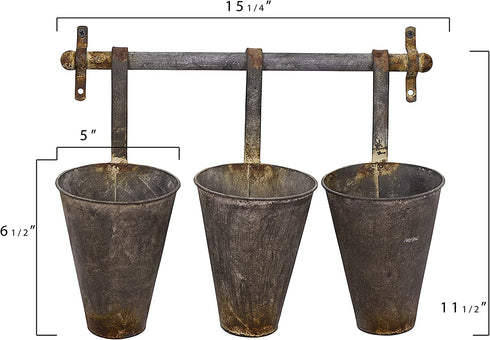 Creative Co-Op Antiqued Metal Wall Rack with 3 Hanging Tin Pots